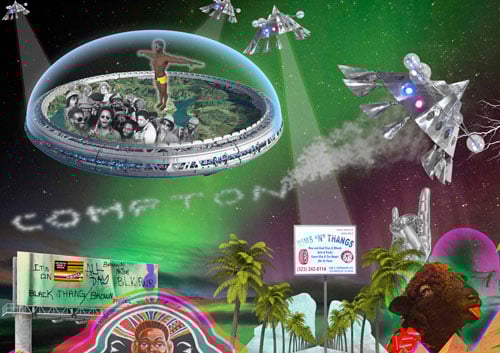 A collage by Lauren Halsey shows space ships in a night sky and the word "Compton" spelled in smoke