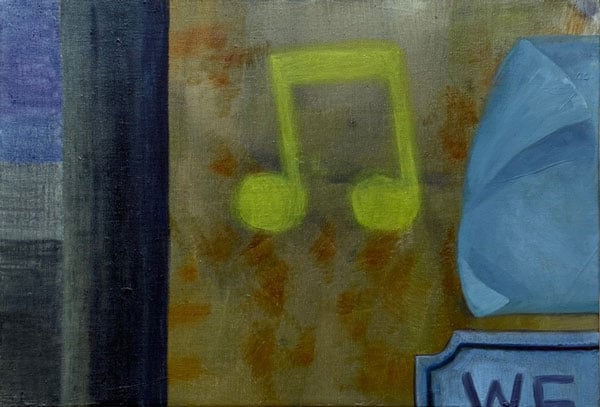 A painting by Isabelle Adams shows a close-up of a wall that bears some sort of faded pattern or stains. In the middle is a musical double note rendered in bright yellow.