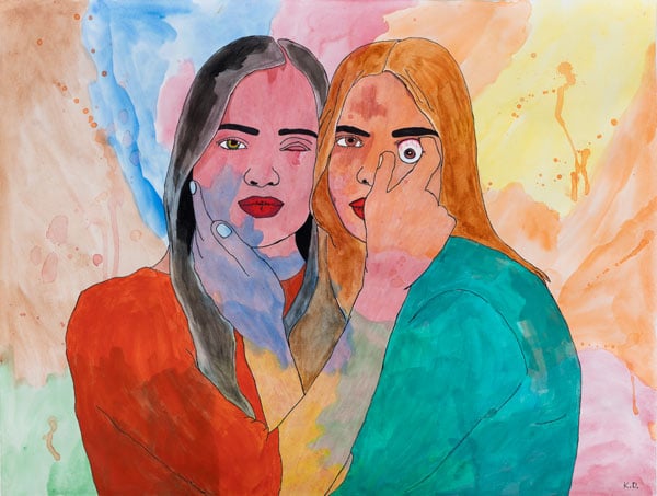 A bright water color by Karla Diaz shows two women embracing, as one holds the other's eye
