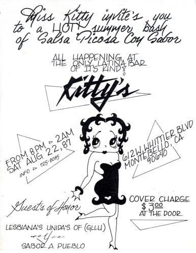 A flyer shows a drawing of Betty Boop and advertises an event called Lesbianas Unidas at Kitty's in Montebello.