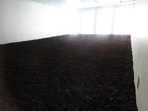 A room with white walls is filled with dark soil.