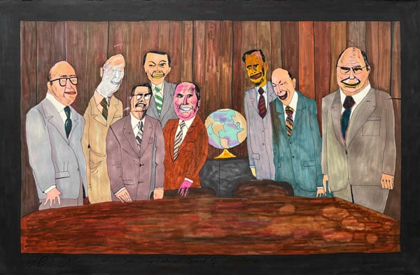 A painting by Bob & Bob shows a group of cartoonisly evil looking men standing behind a conference room table with a globe.