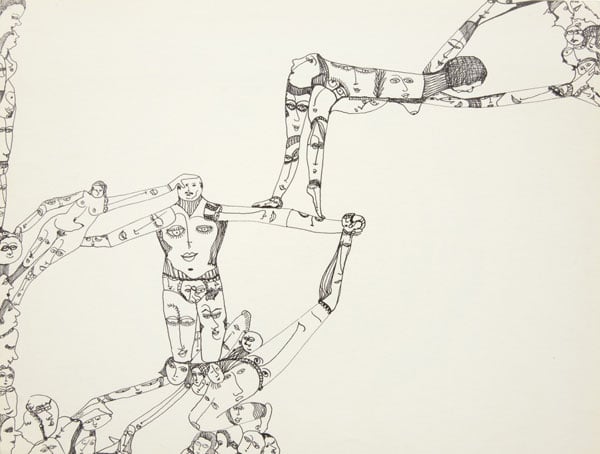 A whimsical illustration by Huguette Caland shows a esries of acrobats standing atop one another in impossible shapes, their bodies made up of other faces.