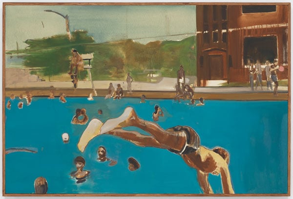 A painting by Noah Davis shows a boy diving into a pool where other people are swimming