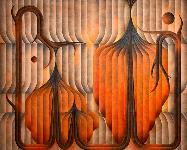 An abstracted painting, evocative of the geometric texture of a textile, features a repeating patter at bottom evoking large orange flowers.