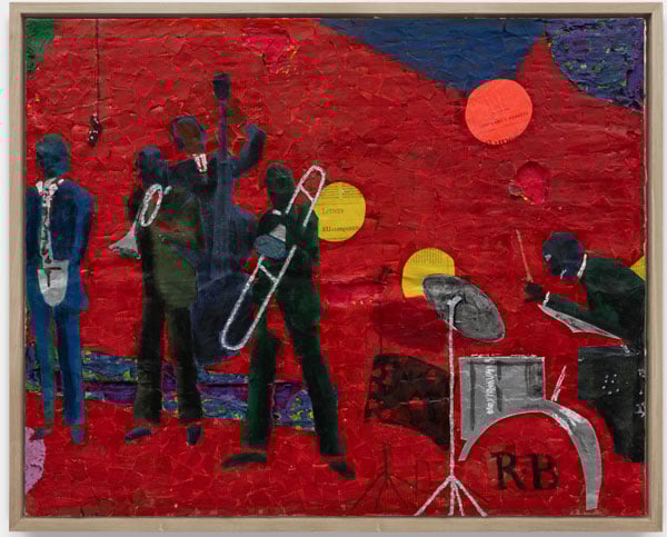 A multimedia painting made from newspaper and paint features a Black men in suit playing in a band against a deeply saturated background of red.