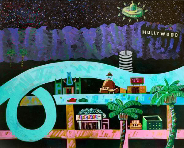 A painting shows a looping freeway rendered in brilliant turquoise making its way through LA at night — a UFO saucer hovering overhead
