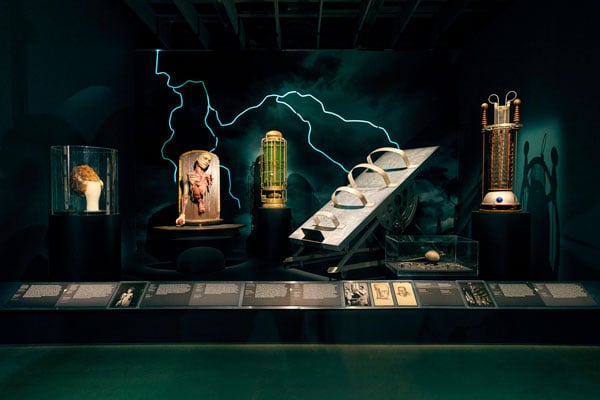 A museum installation shows elements from Frankenstein movies.