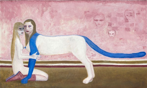A surreal painting shows a female figure embracing a half female/half lion figure before a pink background.