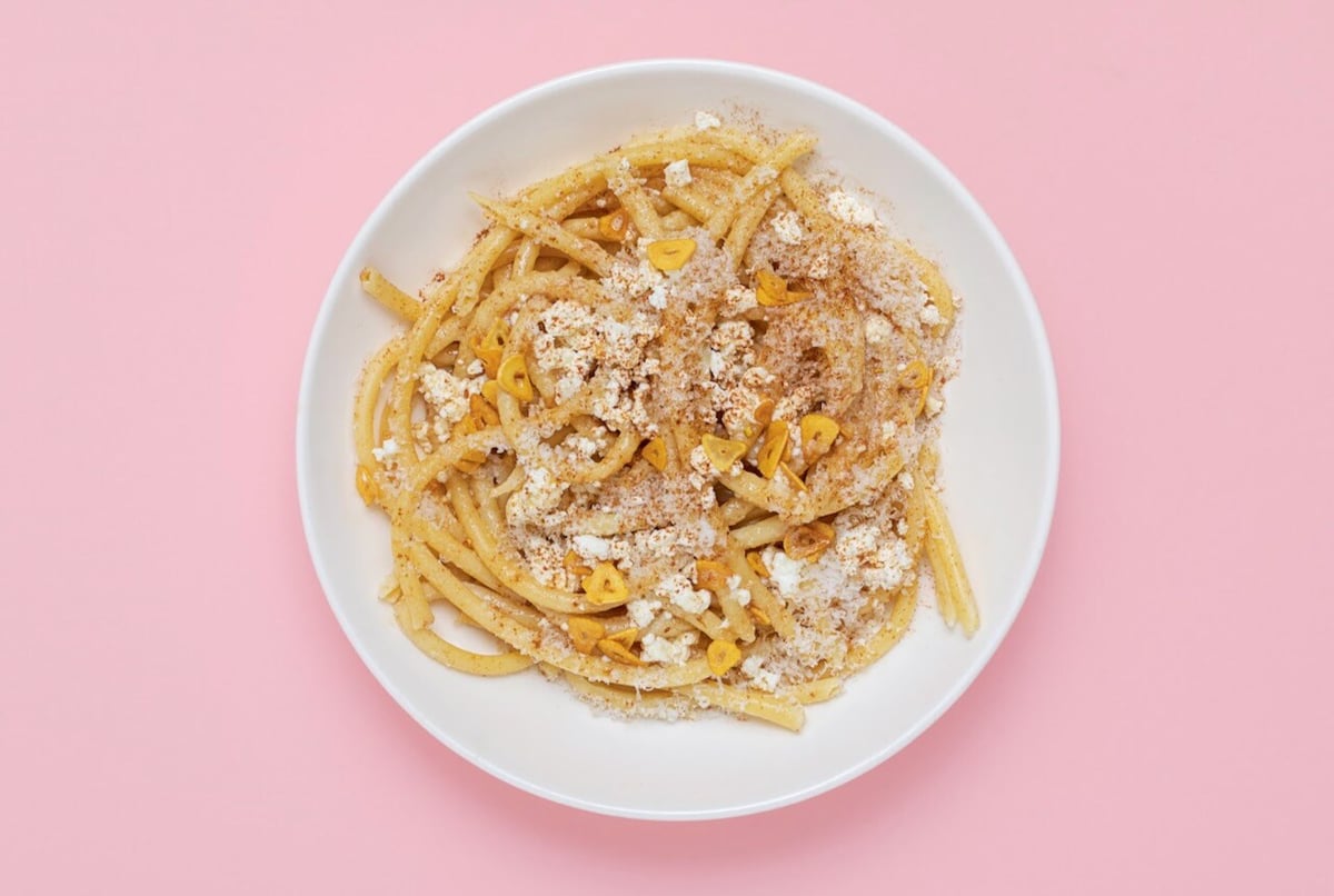 Pasta Yiayia, a deceptively easy pasta dish of bucatini, brown butter, cinnamon, feta, and garlic, has a Greek spin. Photo by Carolina Rodriguez.