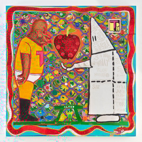 A bright, multicolored painting, shows a Black man in a yellow superhero ensemble and a figure in a white Klan robe bearing an apple.
