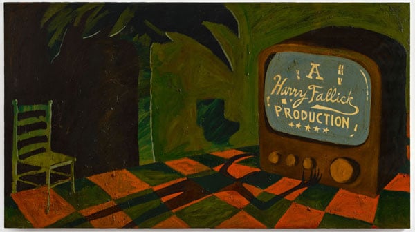 A painting shows vintage TV in a dim room with a checkered floor. On the screen of the television is a credit that reads "A Harry Fallick Production."