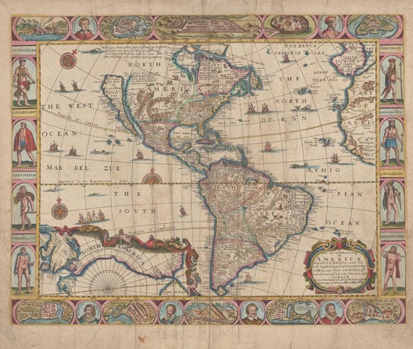 A vintage map from the 17th century shows the Americas  with the Northwest portion and much of Canada still empty. Around the border are images of conquistadores and Natives.