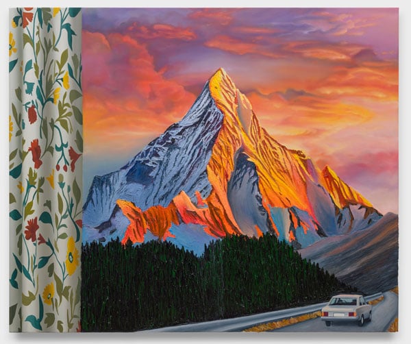 A painting by Alec Egan shows a view out of a window featuring a snow covered mountain peak bathed in otherworldly orange light.
