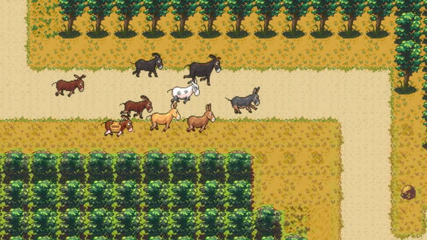 A still from an 8-bit-style video game shows donkeys running along a road lined with trees.