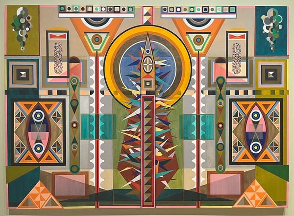 A brightly colored geometric painting by the duo Hilma's Ghost is inspired by a tarot card reading. Some of the forms —&nbsp;like two semi circes at the top — vaguely resemble eyes.