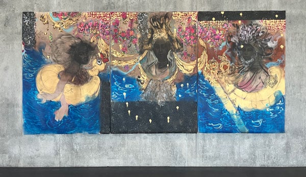 A painting by Scherezade García at LACMA shows three deity-like figures with dark skin emerging from  a pool of water, their heads surrounded by elaborate designs and flowers.