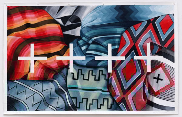A painting by Nanibah Chacon shows a painting of brightly patterned Navajo blankets in a pile. On the surface is a series of four plus signs.