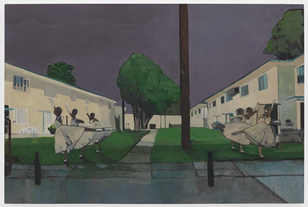 A painting by Noah Davis shows six ballerinas doing arabesques before a low-slung LA modernist housing project