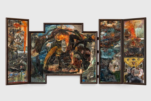 A polyptich comprised of four panels by Celeste Dupuy-Spencer, showing scenes of creation and destruction, hangs on a gallery walls.