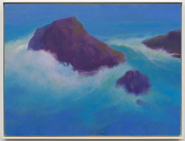 A painting by Richard Mayhew captures a swirl of water around rocks in the ocean.