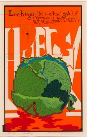 A graphic poster from 1974 shows a head of lettuce with a bullet hole. Behind it, stylized letters come together to read: "HUELGA."