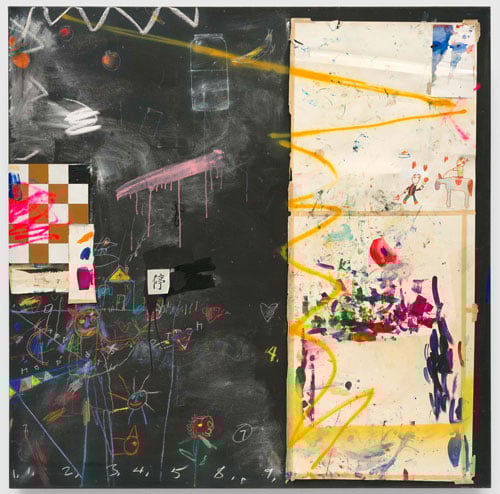 A painting by Raymond Saunders features half of which looks like a chalkboard, the other like white paper. On top are squiggles and dribs and drabs of paint.