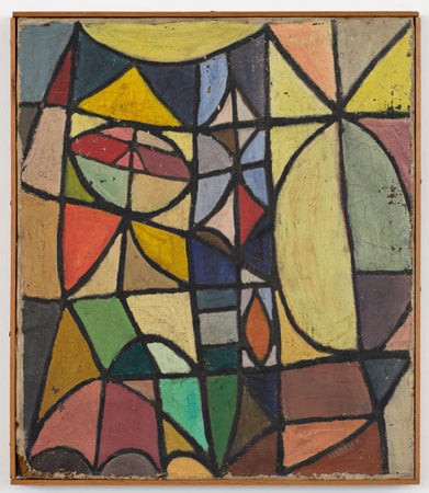 An abstract painting features colorful shapes surrounded by a bold black line, as if a landscape were refracted through a kaleidescope.