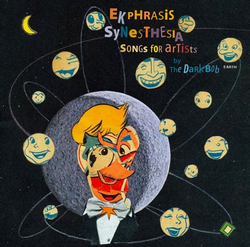An album cover features of a collage of faces orbiting a moon nad the title, "Ekphrasis Synesthesia: Songs for Artists."