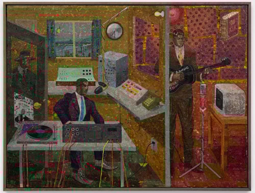 A layered multimedia painting by Derek Fordjour shows threw Black men in suits in a recording studio.