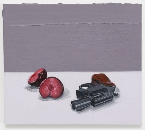 A still life painting shows a sliced plum next to a .38 on a white surface, against a grey backdrop.