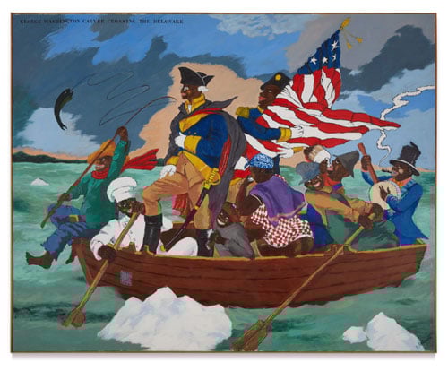 A painting by Robert Colescott riffs on a famous image of George Washington crossing the Delaware with Black figures