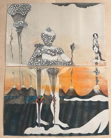 A vertical drawing shows a landscape of volcanoes, with indeterminate human-style figures emerging from the bubbling steam.