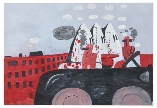 A painting by Philip Guston shows three cartoonish Klan figures riding around in a car, their robes stained with blood.