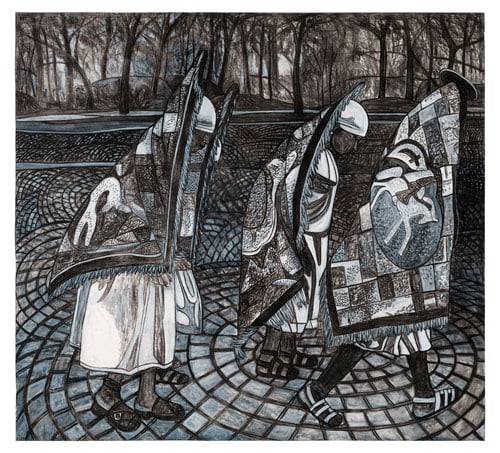 A work on paper by Willie Birch shows three Black figures, draped in eleborate blankets crossing a plaza.