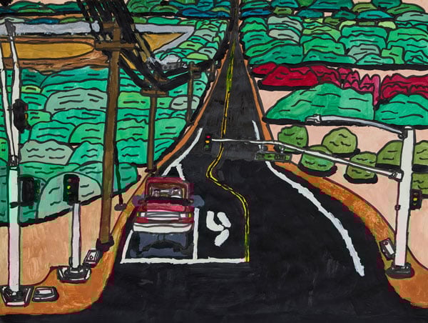 A brightly colored painting by David Romero shows a red car at an intersection, surrounded on either side by vibrant flora.