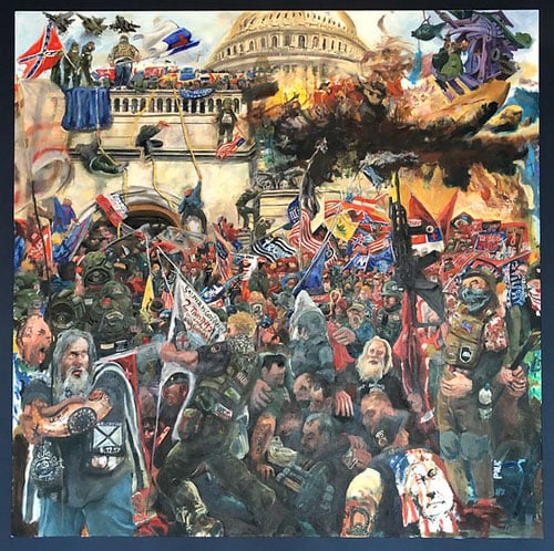 A large square canvas by Celeste Dupuy-Spencer shows the roiling massings before the US Capitol during the riot of January 6, 2021. At top right, smoke and flame seem to engulf the picture.