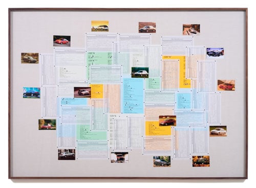A diagrammatic collage featuring bits of forms and photographs of cars is arranged within a horizontal brown frame.