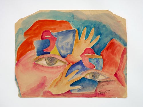 A water color by Ofelia Esparza rendered in bright shades of blues and reds features an abstracted face and hands.
