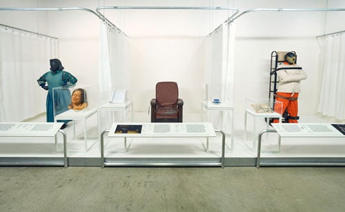 A museum installation at the Academy shows props from "Misery," "Get Out," and "Silence of the Lambs."