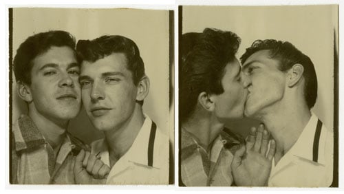 Two side-by-side snapshots from the 1950s shows two men in a photobooth. In the first image, they tip their heads towards each other; in the second, they kiss.