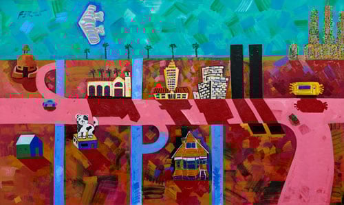 A painting shows a pink road winding its way through an LA-like landscape. A stealth bomber flies over head.