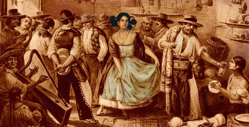 A photographic collage shows an image of artist Ken Gonzales-Day superimosed on the body of a woman who is standing at the center of a festive 19th century cantina.