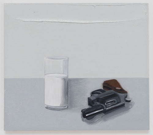 A still life painting by Salomon Huerta shows a handgun resting next to a glass of milk against neutral tones of white and light grey.