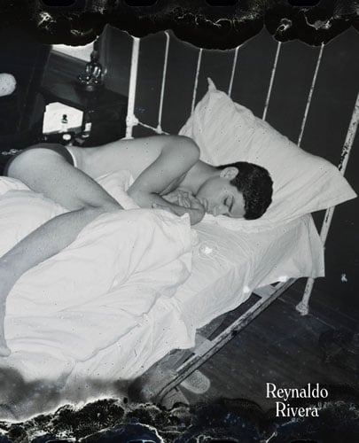 A book cover shows a black and white image of a man sleeping on a bed and the title "Reynaldo Rivera"