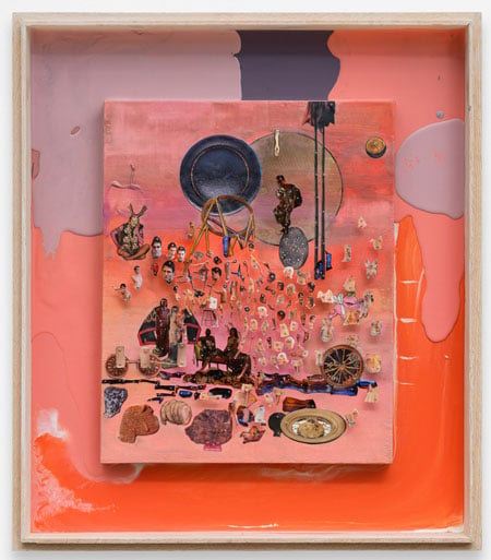 A vertical painting hangs within a recessed framed painted vivid colors of peach, orange and lavender. At center, the painting features a collage of images pinned onto the surface.