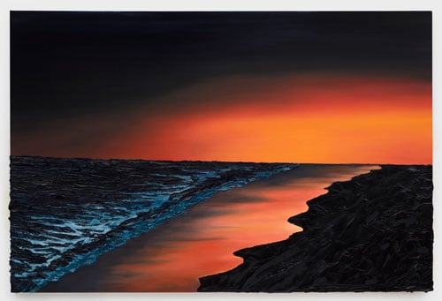 A painting by Alec Egan shows a shoreline bathed in toxic, otherworldly light.