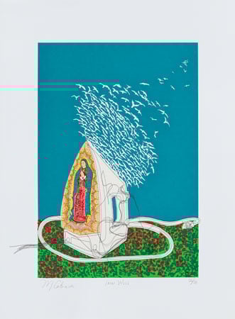 A print by Margarita Cabrera shows an image of a the Virgen of Guadalupe on a clothes iron. From its surface emerge lots of tiny brds and threads.