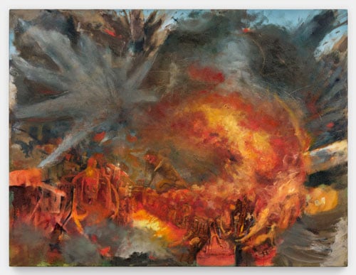 A horizontal canvas shows  a roiling scene of figures engulfed in flame and smoke.