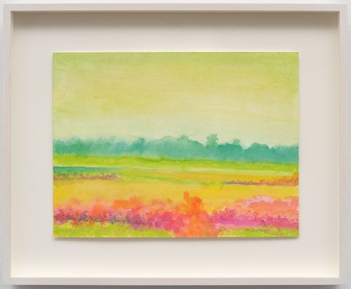 A watercolor by Richard Mayhew captures an abstracted landscape in incandescent shades of yello, green and pink.